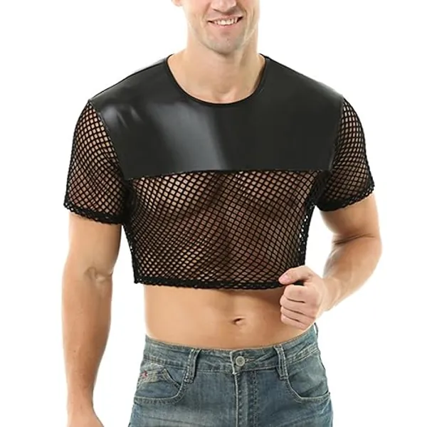 GENEMEN Mens Fishnet Shirts See through Faux Leather Sexy Crop Tops Short Sleeve Mesh T Shirts