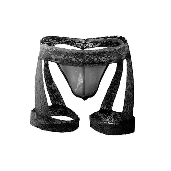 Oludkeph Men's Lingerie Panties Lace Tirm Bulge Pouch G-String Bikini Thongs Underwear with Garter