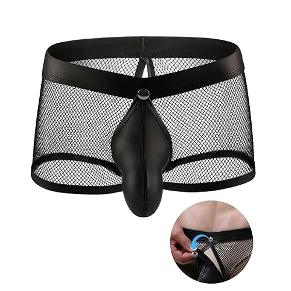 ohyeahlady Mens Sexy Sheer Fishnet Underwear Briefs with Button Removable Pouch Boxer Shorts Sissy Lingerie Clothing S-XL