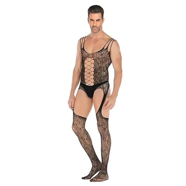 Czizitong Sleeveless jacquard high slit jumpsuit sexy open full body erotic men's mesh jumpsuit Fishnet Bodystocking Black