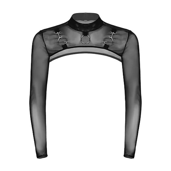 iiniim Men's See Through Sheer Mesh Crop Top Long Sleeve Half Shirt Party Clubwear