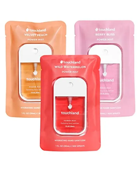 Touchland Power Mist Hydrating Hand Sanitizer Spray, JUICY 3-PACK (Watermelon, Peach, Berry), 500-Sprays each, 1FL OZ Travel Size (Set of 3)
