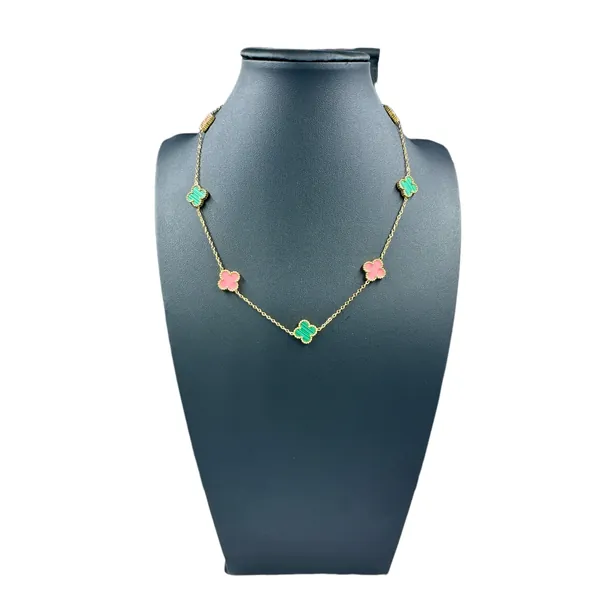 Kaitlin Clover Flower Pink and Green Gold Necklace