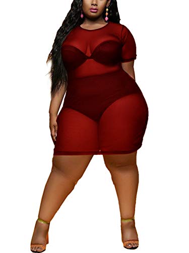 KELOVEPAN Plus Size Womens Sheer Mesh Swimsuit Cover Ups Dress Short Sleeve See Through Dresses for Women Sexy Club - 3X-Large Dark Red
