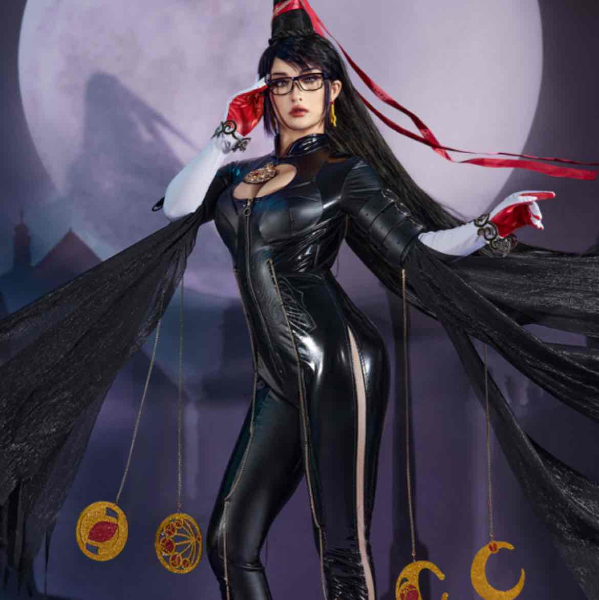 Bayonetta Cosplay Costume Backless Bodysuit and Gloves with Chains and Socks
