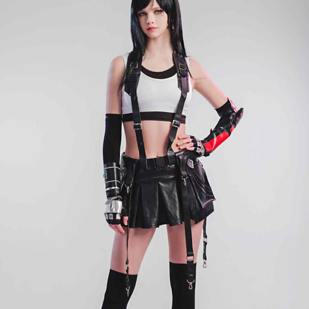 FF7 Remake Tife Cosplay Costume Women Activewear Crop Top and Skirt with Gloves and Thigh Socks