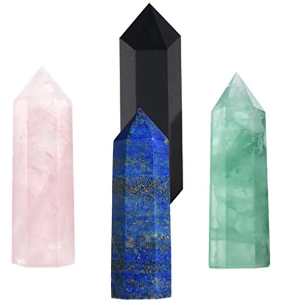 Luckeeper Healing Crystal Wands |4 PCS 2" Green Fluorite, Lapis Lazuli Crystal Wand & Rose Quartz Crystal Points,Black Obsidian| 6 Faceted Reiki Chakra Meditation Therapy