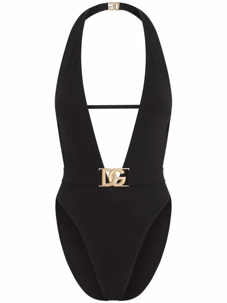 plunge-neck belted swimsuit