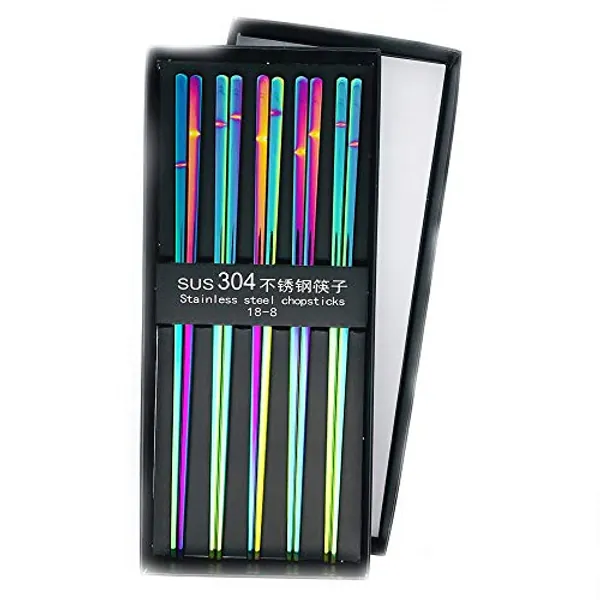 Koolemon 5pairs Polished Multicolor Rainbow 304 Stainless Steel Chopsticks Set,Metal Chopsticks Reusable, Dishwasher Safe, Traditional Chopstick,9.3inch,Chinese Japanese Chop stick