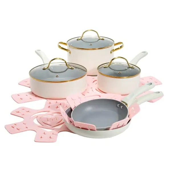 Paris Hilton Epic Nonstick Pots and Pans Set, Multi-layer Nonstick Coating, Tempered Glass Lids, Soft Touch, Stay Cool Handles, Made without PFOA, Dishwasher Safe Cookware Set, 12-Piece, Cream