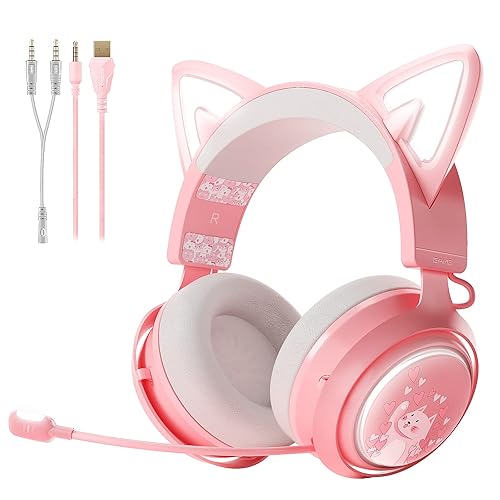 SOMiC Gaming Headphone with Mic, Cat Ear Headphones, 3.5mm Wired Headphones with Retractable Mic Noise Cancelling, for Xbox One, PS5, PS4, PC, Pink - Pink