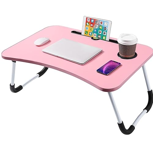 NTEK Laptop Bed Table Lap Standing Desk | Notebook Table Dorm Desk with Foldable Legs & Cup Slot | Portable Bed Desk for Laptop | Eating Breakfast, Reading, Watching Movie on Bed/sofa (PINK) - Pink