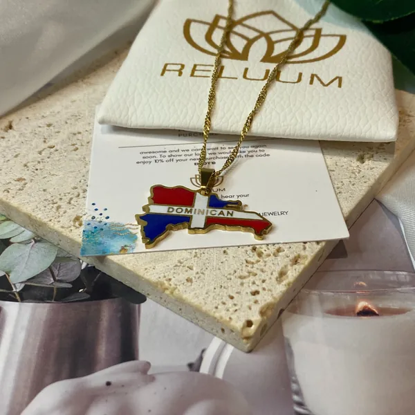 Dominican Republic Map Outline Pendant Necklace • Dominican Republic Flag Charm Necklace • 18K Gold Plated • Gift For Him Her Birthday