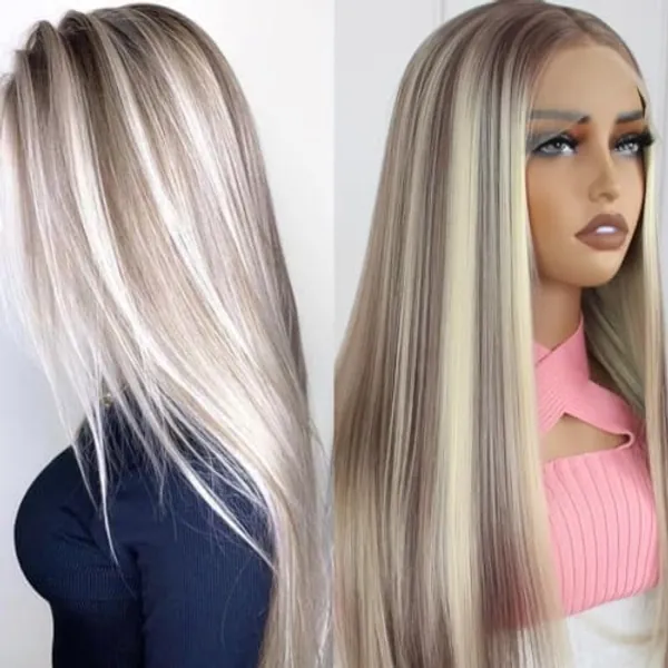 Aisom Long Straight Synthetic Wig Mixed Brown and Blonde Color Ombre Lace Front Wigs for Women Highlight Wig (22IN Straight Blonde)