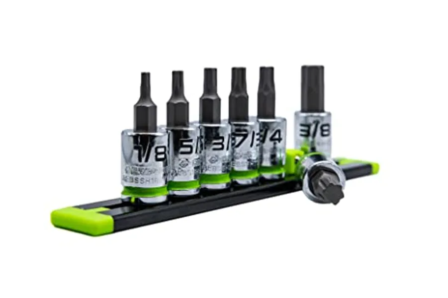 GRIPEDGE HEX Bit Socket Set | 7-PC - 3/8'' Drive Short SAE RPT Hex Driver Set | Sizes 1/8'' - 3/8'' | Made With S2 Steel | Includes Premium Aluminum Storage Rail |