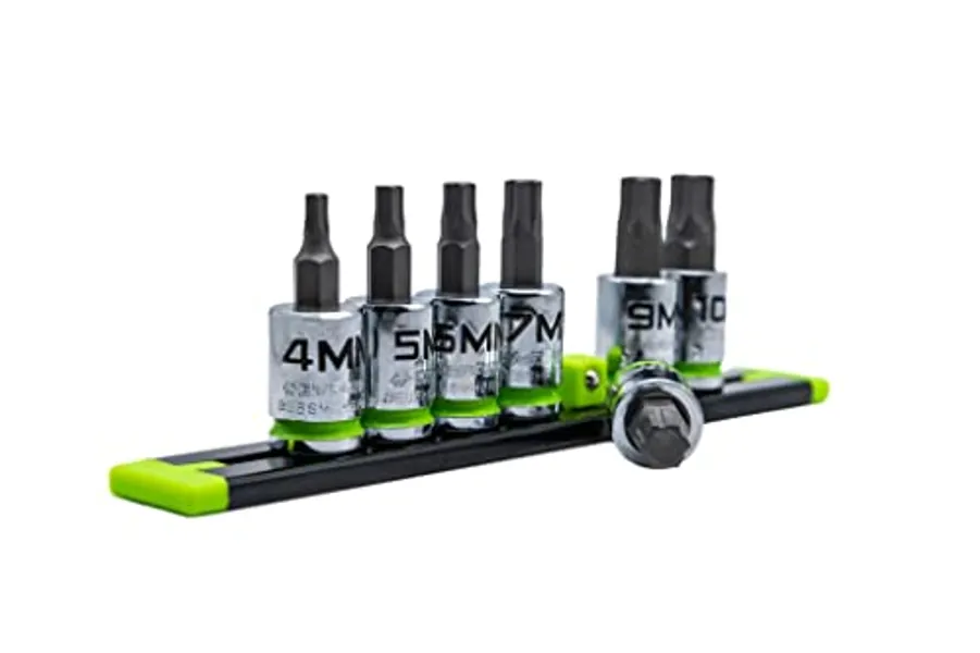 GRIPEDGE HEX Bit Socket Set | 7-PC - 3/8'' Drive Short Metric RPT Hex Driver Set | Sizes 4MM - 10MM | Made With S2 Steel | Includes Premium Aluminum Storage Rail |