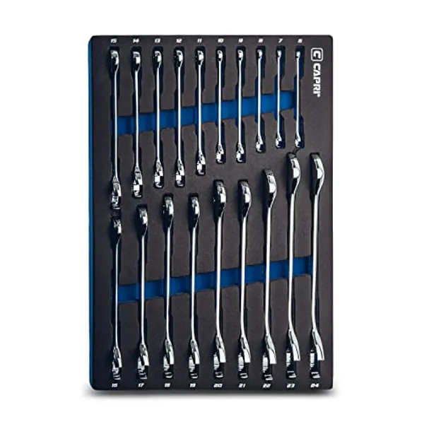 Capri Tools Angle Open End Wrench Set, 30° and 60° angles, 6-24 mm Metric, 19-Piece with Mechanic's Tray