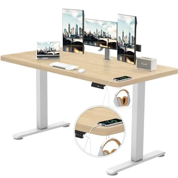 TRIUMPHKEY Bureau réglable en Hauteur - 160 x 80 cm - Prise USB - 3 Commandes à mémoire - Grand système Anti-Collision - Bureau d'ordinateur - Bureau Debout - roulettes en chêne