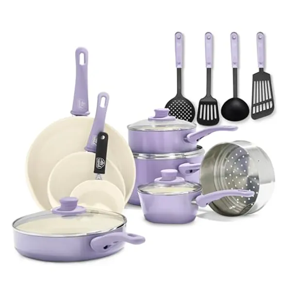 GreenLife Soft Grip Batterie de Cuisine avec Revêtement Antiadhésif Sain en Céramique Sans PFAS 16 Pièces, Avec Poêles, Casseroles, Faits-touts, Marmites, Lave-vaisselle, Compatible au Four, Lavender