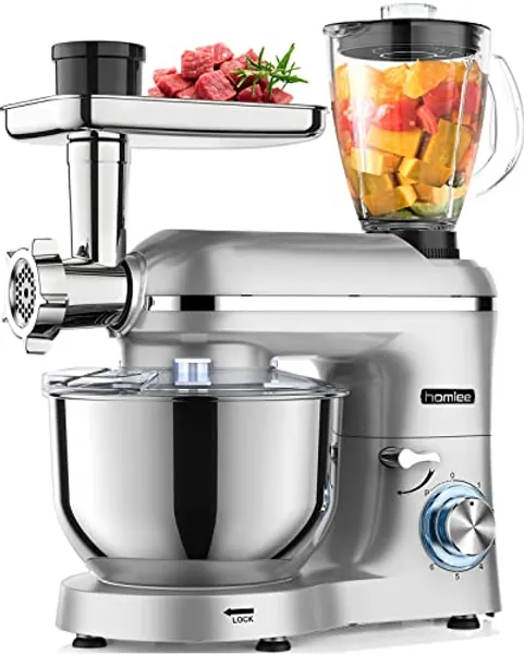 Homlee Robot Multifonctions 1800W Robot Pâtissier, Blender Professionnel Universel Hachoir à Viande Électrique avec Mixeur Verre 1,5L, 3 Plaques de Broyage, Bol d'Acier Inoxydable 5.5L