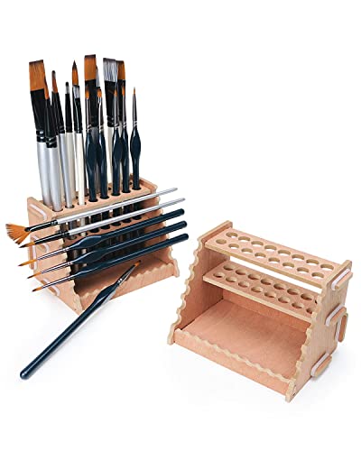 tinctor Wooden Paint Brush Holder for 44 Brushes - Desk Stand Paintbrush Organizer, Holding Rack for Pens, Paint Brushes, Colored Pencils, Markers - 44 Brushes