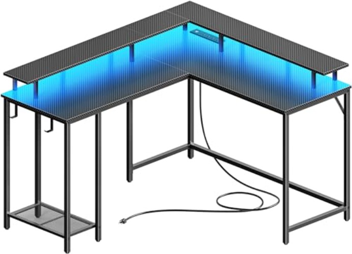 SUPERJARE L Shaped Gaming Desk with Power Outlets & LED Lights, Computer Desk with Monitor Stand & Storage Shelf, Home Office Desk Corner Desk with Hooks, Carbon Fiber Black, 7033TC - Carbon Fiber Black - 53 inch