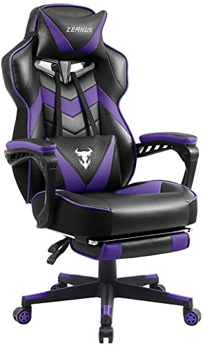 Zeanus Purple Reclining Gaming Chair with Footrest - Ergonomic for Heavy People, Massage, Racing Style - Purple