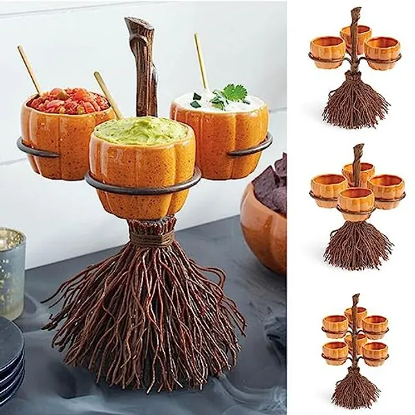 Rvikurc Halloween Pumpkin Snack Bowl Stand, Halloween Candy Bowl Collapsible Party Trays Resin Pumpkin Bowls on Broom for Party Serving Cupcake Dessert, Halloween Party Decorations (3 Pumpkin Bowls)