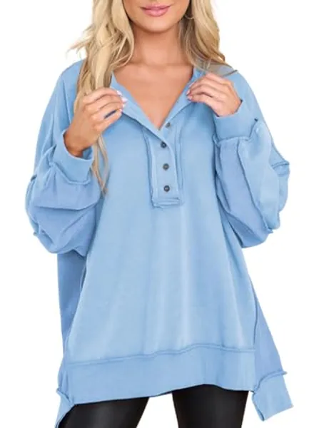 AlvaQ Women's Oversized Sweatshirt Casual Long Sleeve Button Henley Neck Pullover Tunic Tops Outfits