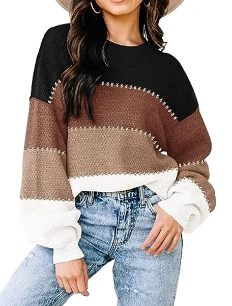Womens Sweaters Fall 2024 Fashion Long Sleeve Color Block Oversized Sweaters Trendy Casual Crew Neck Knitted Tops Pullover