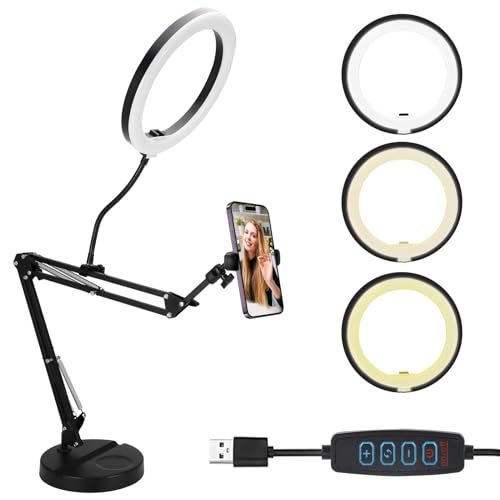 UPROZIL Overhead Phone Mount with Ring Light & Stand, Flexible Adjustable Arm Ring Light with Stable Stand, Dimmable Ring Light for Desk with Phone Camera Webcam Holder for Live Stream Video Recording - Desktop stand