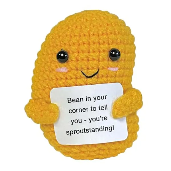 Krinisou Crochet Positive Bean Gift, Crocheted Emotional Support Vegetable Doll with Positive Card, Mini Inspirational Cheer Up Unique Brithday Gifts for Women Friends Her 1Pc