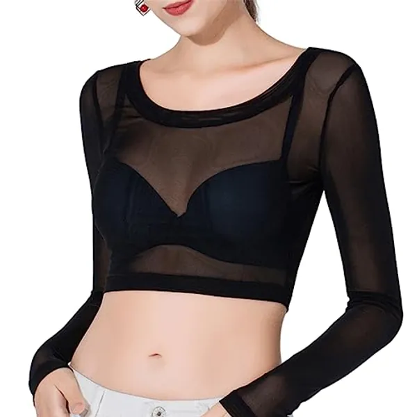 Women Mesh Sheer Crop Top, Long Sleeve See Through Shirt Blouse, Black Slim Fit Sheer Shrug Mesh Crop Shirt Top, Both Side Wear Open Front Cardigan Cover Up