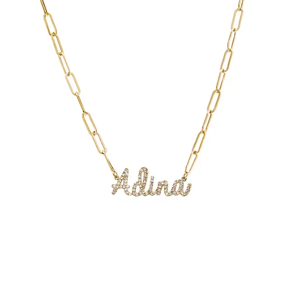 Diamond Pave Script Name Paperclip Link Necklace 14K