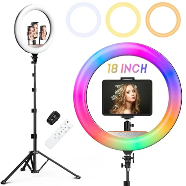 RGB Ring Light 18 inch with Tripod Stand (2700-7000K) for Phone Camera iPad Selfie Live Stream YouTube TikTok Video Shooting Best Lighting Atmosphere Ringlight (18 inch)