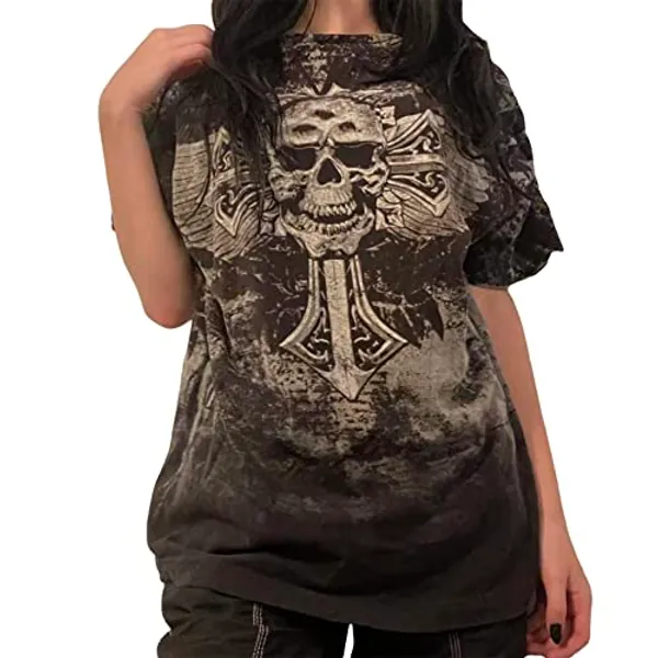 Women Gothic T-Shirts Vintage Skull Print Short Sleeve Loose Shirts Y2k Fairy Grunge Shirts Aesthetic Oversized Baggy Tees