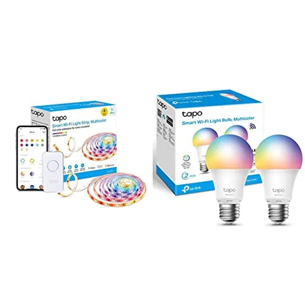 TP-Link Tapo Smart LED Light Strip, 5m, Wi-Fi App Control RGBW Multicolour LED Strip, PU Coating & Tapo Smart Bulb, Smart WiFi LED Light, E27, 8.7W - Tapo L530E(2-pack)[Energy Class F]