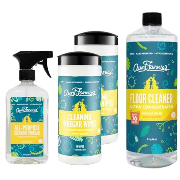Aunt Fannie's Multi-Surface Vinegar Cleaning Kit: All Purpose Spray, Cleaning Wipes, and Floor Cleaner (Lemon, Cleaning Bundle)