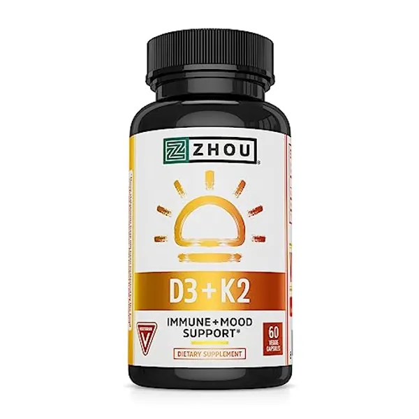 Zhou Nutrition Vitamin D3 K2, Bone and Heart Health Formula 5000 IU Vitamin D3 & 90 mcg Vitamin K2, Max Strength 2 in 1 Immune Support and Calcium Absorption, Gluten Free, 60 Count