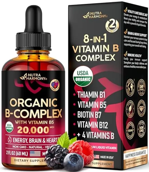 USDA Organic Vitamin B-Complex B5 Pantothenic Acid | B12 Methylcobalamin | B1 Thiamine | B6 Pyridoxine | B7 Biotin | B9 Folic | B3 Niacinamide - B Complex Liquid Drops, Made in USA Supplement, 2fl oz