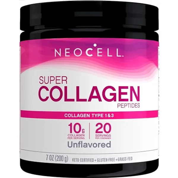 NeoCell Super Collagen Peptides, 10g Collagen Peptides per Serving, Gluten Free, Keto Friendly, Non-GMO, Grass Fed, Healthy Hair, Skin, Nails and Joints, Unflavored Powder, 7 oz., 1 Canister