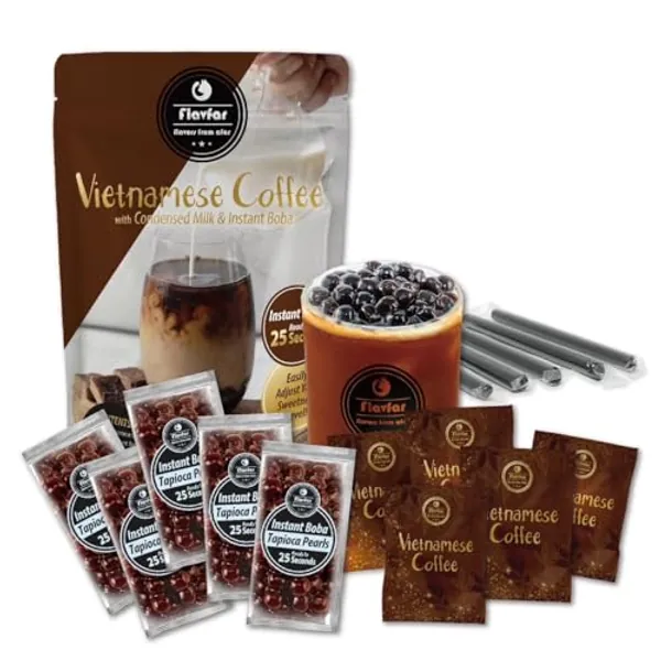Flavfar Premium Instant Vietnamese Coffee Boba Kit with Chewy Tapioca Pearls - Ready in 25 Seconds - Ultimate Bubble Tea Experience with Boba Straws - Perfect Gift for Bubble Tea Lovers - 5 Servings