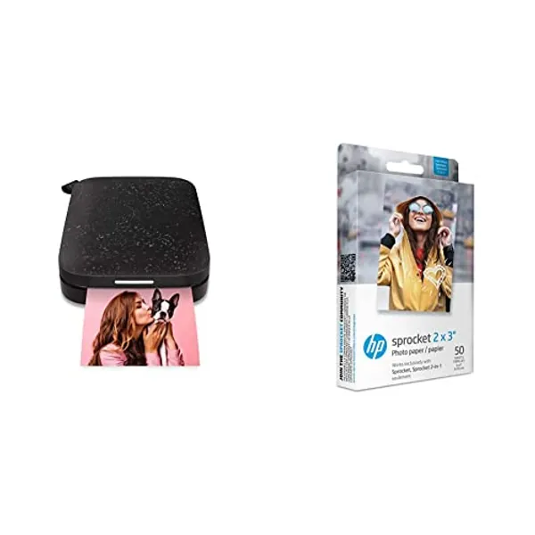 HP Sprocket Portable Color Photo Printer (2nd Edition) – Instantly print 2x3" sticky-backed photos from your phone – [Noir] [1AS86A] and Sprocket Photo Paper, 50 Sheets
