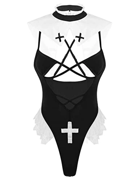ACSUSS Womens Sexy Lingerie Deep V Front High Cut Thong Leotard Bodysuit Nun/Maid Cosplay Costumes