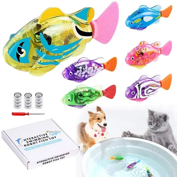LAVIZO Interactive Robot Fish Toys for Cat/Dog(6 Pcs), Activated Swimming in Water with LED Light, Swimming Bath Plastic Fish Toy Gift to Stimulate Your Pet's Hunter Instincts - 