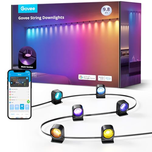 Govee RGBIC String Downlights, Smart LED String Lights Works with Alexa, Color Changing Indoor Wall Light Fixture for Party, Christmas & New Year, 9.8ft with 15 LEDs, Music Sync, Black - Black - 9.84ft