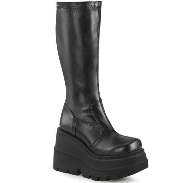 'Black Goth Platform Boots' - Black Faux Leather / 5