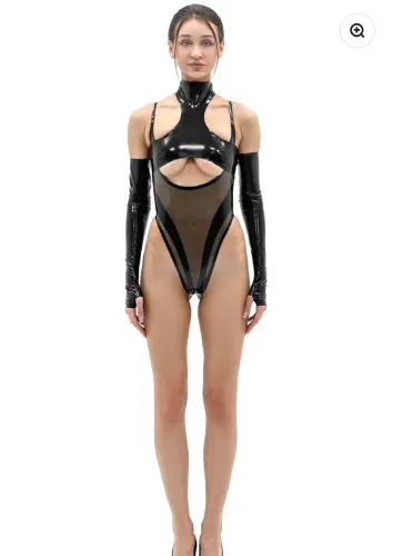 Semi-transparent Latex Bodysuit with Open Bust + High Neck Top