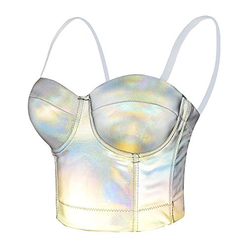 ELLACCI Reflective Metallic Bustier Crop Top Punk Club Party Women's Corset Top Bra - Large - Grey