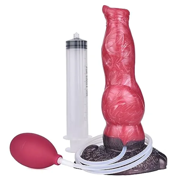 Realistic Squirting Red Silicone Dog Dildo with Knot and Hands-Free Suction Cup, 8 inch Thick Pink Dildo Anal Plug Toy for Women Men and Couples